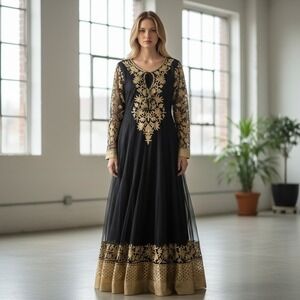 Whimsigoth Fairy Black Gold Embroidered‎ Long Sleeve Maxi Renaissance  Size 27